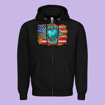 American Flag Leopard Turquoise Gemstone Zipper Hoodie Designed By Neo Western