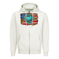 Oatmeal Heather American flag leopard turquoise gemstone Zipper Hoodie - Neo Western