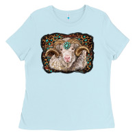 Baby Blue merino ram with leopard background Ladies Tee - BarkalooDesign