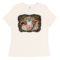 Bone merino ram with leopard background Ladies Tee - BarkalooDesign