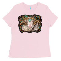 Bubblegum Pink merino ram with leopard background Ladies Tee - BarkalooDesign