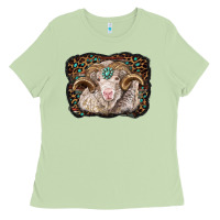 Matcha merino ram with leopard background Ladies Tee - BarkalooDesign