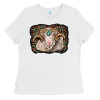 White merino ram with leopard background Ladies Tee - BarkalooDesign