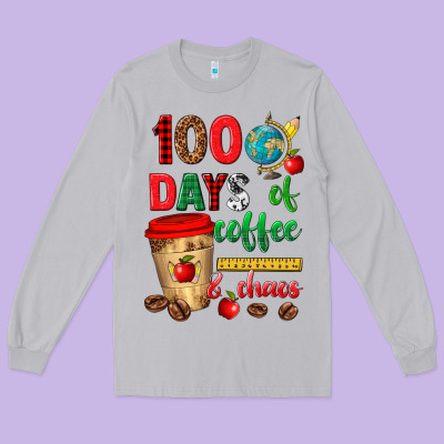 100 Days Of Coffee And Chaos Long Sleeve Tee Designed By Texasbilliewilder
