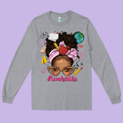 Afro Messy Bun Teacherlife Long Sleeve Tee Designed By Texasbilliewilder