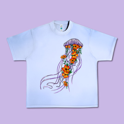 Light Purple Jellyfish And Floral Urban Heavy Tee Designed By Barkaloodesign
