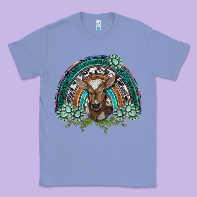 Turquoise Gemstones Brown Baby Cow  Rainbow Classic Tee Designed By Barkaloodesign