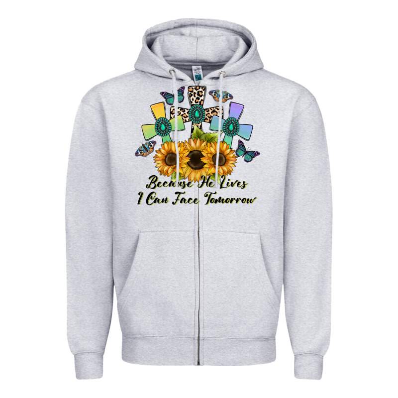 Because He Lives I Can Face Tomorrow Zipper Hoodie by CowhideDigitalArt | Teevron