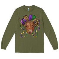 Army Green highland cow with mardi gras hat Long Sleeve Tee - RanaPortraitStore