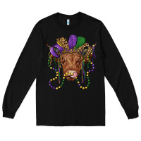 Black highland cow with mardi gras hat Long Sleeve Tee - RanaPortraitStore