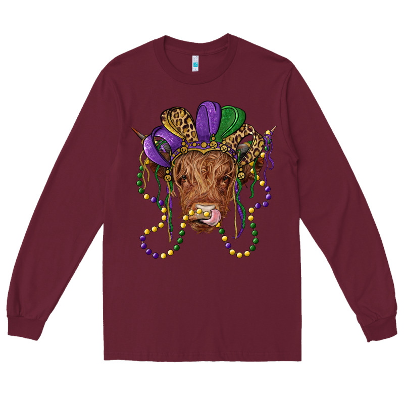 Highland Cow With Mardi Gras Hat Long Sleeve Tee by RanaPortraitStore | Teevron