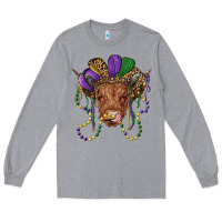 Heather Grey highland cow with mardi gras hat Long Sleeve Tee - RanaPortraitStore