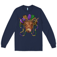 Navy highland cow with mardi gras hat Long Sleeve Tee - RanaPortraitStore