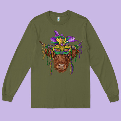 Mardi Gras Mask Highland Cow Long Sleeve Tee Designed By Ranaportraitstore