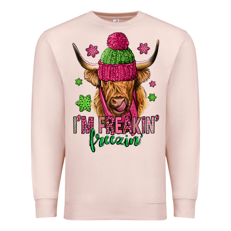 I'm Freakin Freezin Pink Christmas Long Haired Cow Premium Sweatshirt by Jasminsmagicworld | Teevron