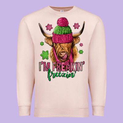 I'm Freakin Freezin Pink Christmas Long Haired Cow Premium Sweatshirt Designed By Jasminsmagicworld