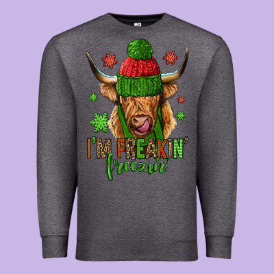 I'm Freakin Freezin Christmas Long Haired Cow Premium Sweatshirt Designed By Jasminsmagicworld