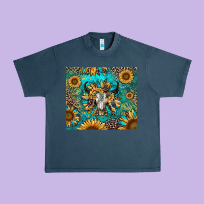 Urban Heavy Tee bull skull sunflowers
