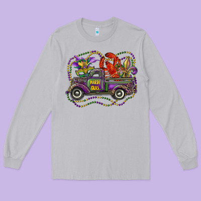 Mardi Gras Truck With Mask Fleur De Lis And Crawfish Long Sleeve Tee Designed By Ranaportraitstore
