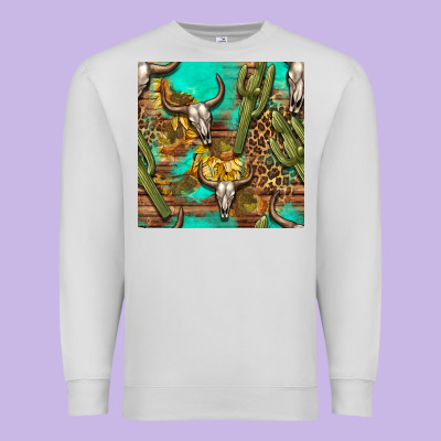 Western Bull Skull And Cactus Seamless Pattern Premium Sweatshirt Designed By Bundleandbundleshop