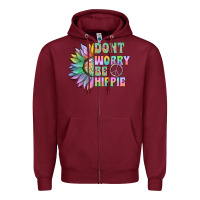 Burgundy Don't Worry Be Hippie Zipper Hoodie - CowhideDigitalArt