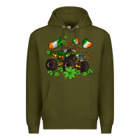 Army Green monster truck with shamrocks Premium Hoodie - AdoDesignShop