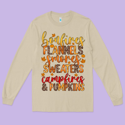 Bonfires Flannels S'mores Campfires And Pumpkins Long Sleeve Tee Designed By Zillion Design Studio