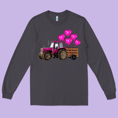 Valentine's Day Pink Tractor With Pin Heart Balloons Long Sleeve Tee Designed By Ranaportraitstore