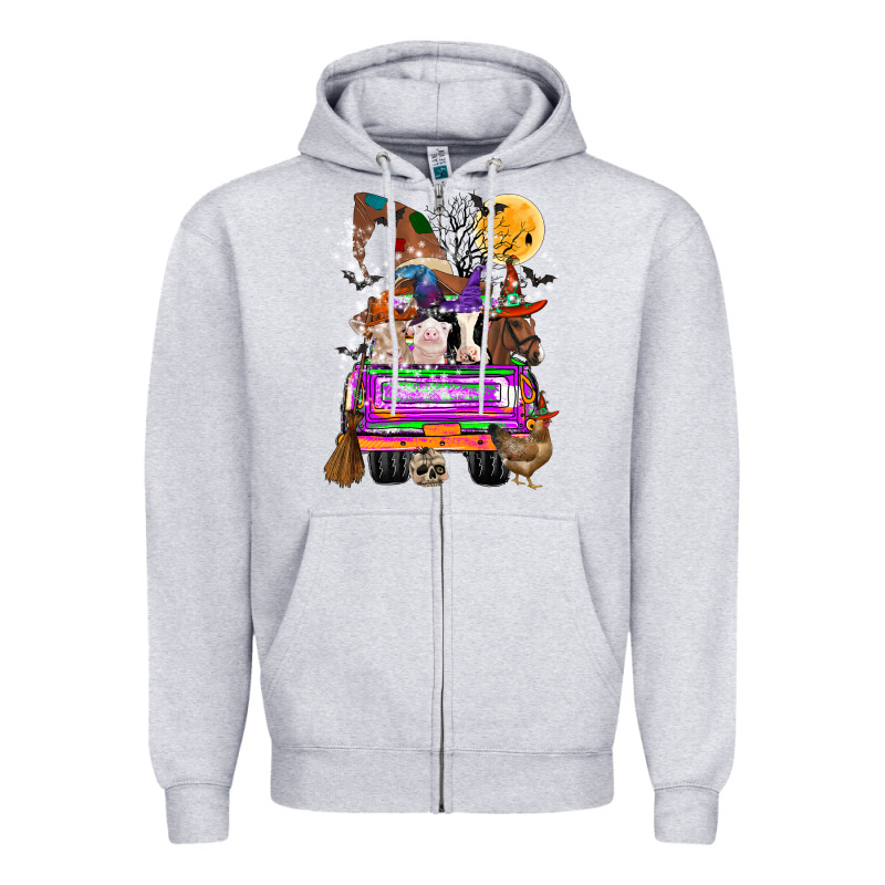 Hallloween Farm Animals Truck Zipper Hoodie by CowhideDigitalArt | Teevron