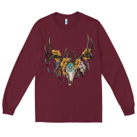 Burgundy boho deer skull sunflowers and gemstone Long Sleeve Tee - RanaPortraitStore