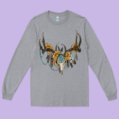 Boho Deer Skull Sunflowers And Gemstone Long Sleeve Tee Designed By Ranaportraitstore