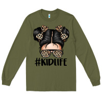 Army Green kid life leopard messy bun Long Sleeve Tee - texasbilliewilder
