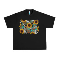 Black western sunflowers turquoise cowhide background Urban Heavy Tee - RanaPortraitStore