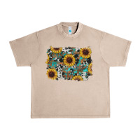 Western Sunflowers Turquoise Cowhide Background Urban Heavy Tee | Teevron