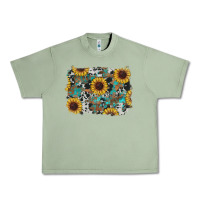 Oil Green western sunflowers turquoise cowhide background Urban Heavy Tee - RanaPortraitStore