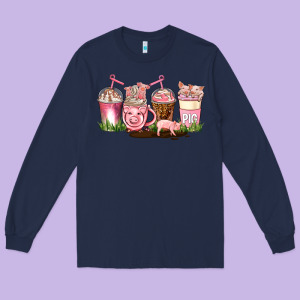 Pig Coffee Cups Long Sleeve Tee Designed By Adodesignshop