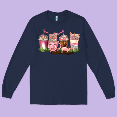 Pig Coffee Cups Long Sleeve Tee Designed By Adodesignshop