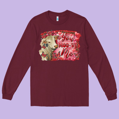 Valentine's Day You Moo Ve Me Charolais Cow Long Sleeve Tee Designed By Ranaportraitstore