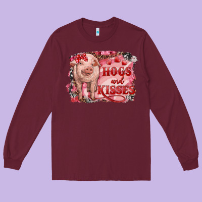 Valentine's Day Pig Hogs And Kisses Long Sleeve Tee Designed By Ranaportraitstore