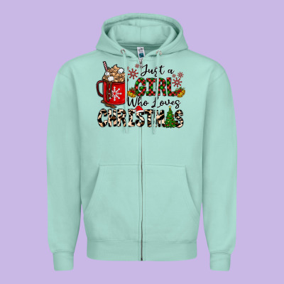 Just A Girl Who Loves Christmas Zipper Hoodie Designed By Cowhidedigitalart