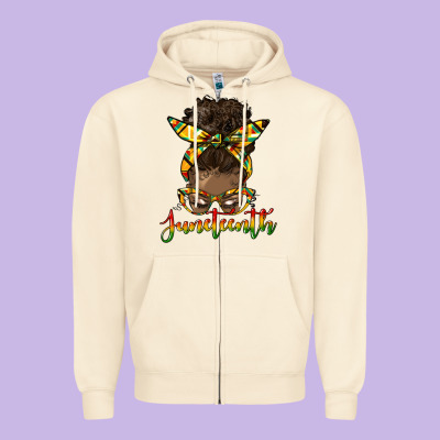 Juneteenth Black Woman Messy Bun Zipper Hoodie Designed By Hra Design Shop