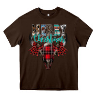 Chocolate Brown merry christmas bull skull Heavy Core Tee - CowhideDigitalArt