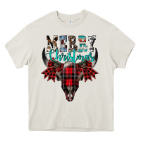 Cream merry christmas bull skull Heavy Core Tee - CowhideDigitalArt