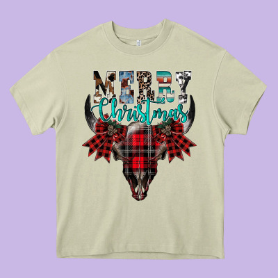 Merry Christmas Bull Skull Heavy Core Tee Designed By Cowhidedigitalart