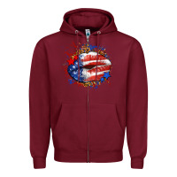 Burgundy Leopard American flag lips Zipper Hoodie - Neo Western