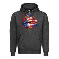 Charcoal Heather Leopard American flag lips Zipper Hoodie - Neo Western