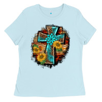 Baby Blue western turquoise's leopard cross  wooden aztek sunflowers background Ladies Tee - BarkalooDesign