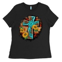 Black western turquoise's leopard cross  wooden aztek sunflowers background Ladies Tee - BarkalooDesign