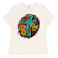 Bone western turquoise's leopard cross  wooden aztek sunflowers background Ladies Tee - BarkalooDesign