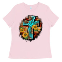 Bubblegum Pink western turquoise's leopard cross  wooden aztek sunflowers background Ladies Tee - BarkalooDesign